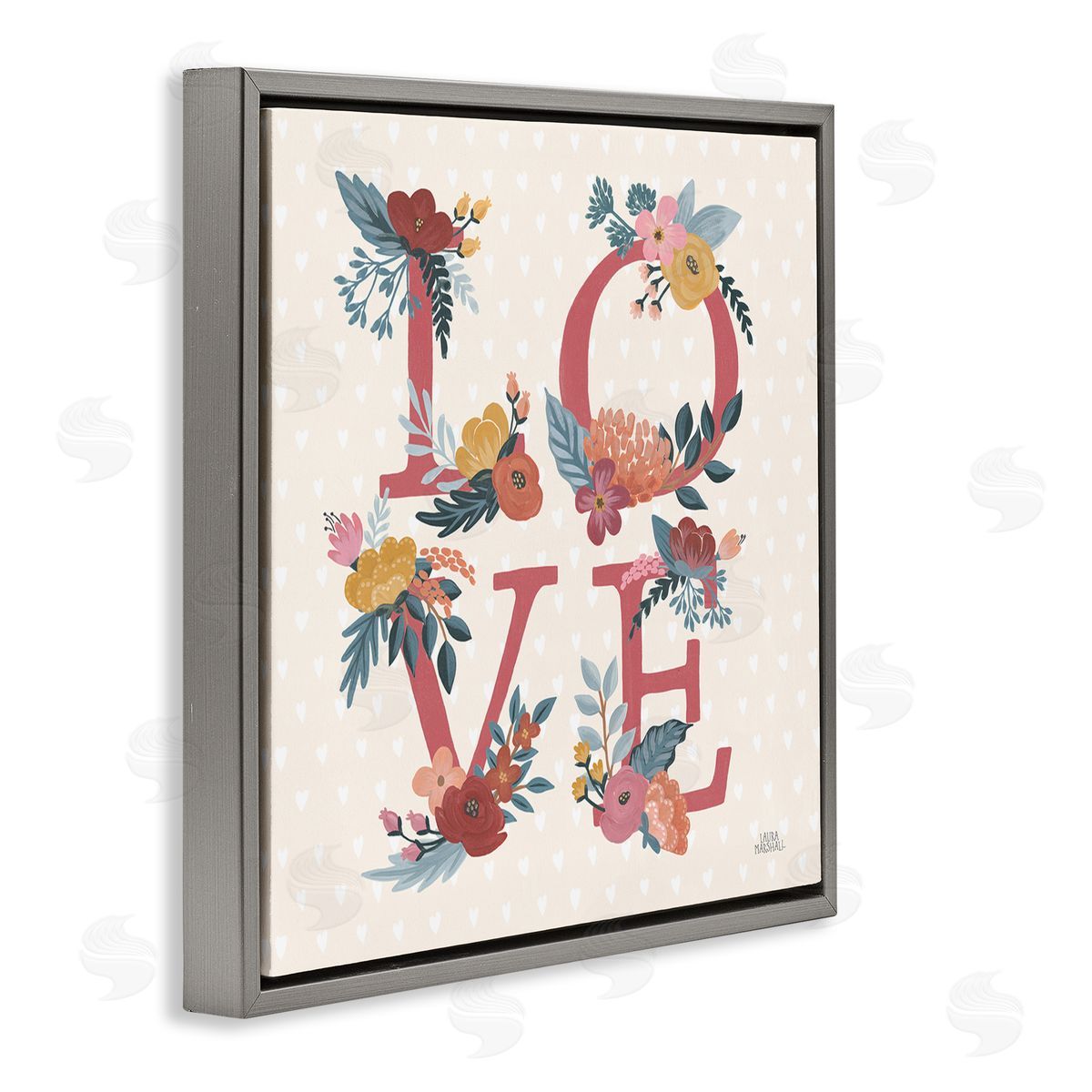 Laura Marshall Love Text Floral Heart Pattern Gray Floater Frame Canvas Art