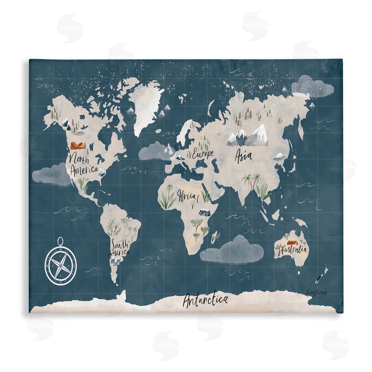 Becky Thorns World Map Nautical Cloud Details Canvas Wall Art