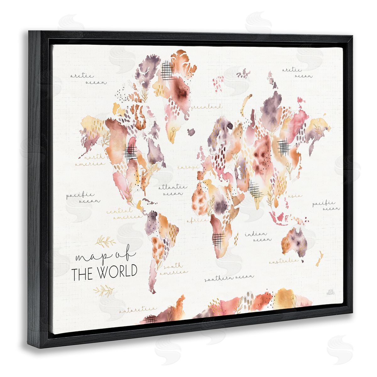 Laura Marshall Abstract Floral World Map Watercolor Black Floater Frame Canvas Art