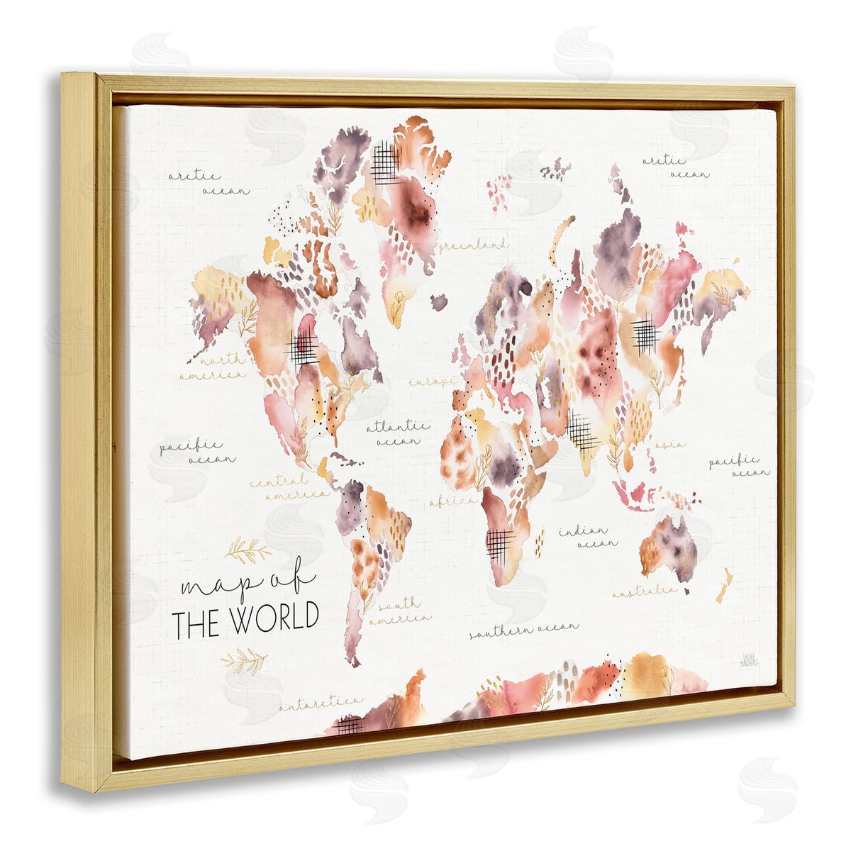 Laura Marshall Abstract Floral World Map Watercolor Gold Floater Frame Canvas Art
