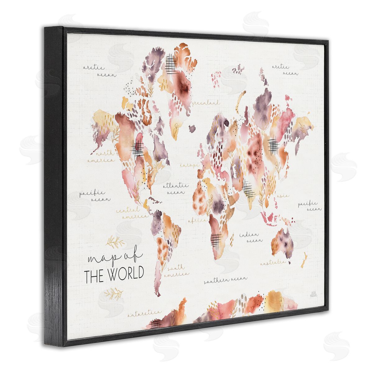 Laura Marshall Abstract Floral World Map Watercolor Black Framed Giclee Wall Art