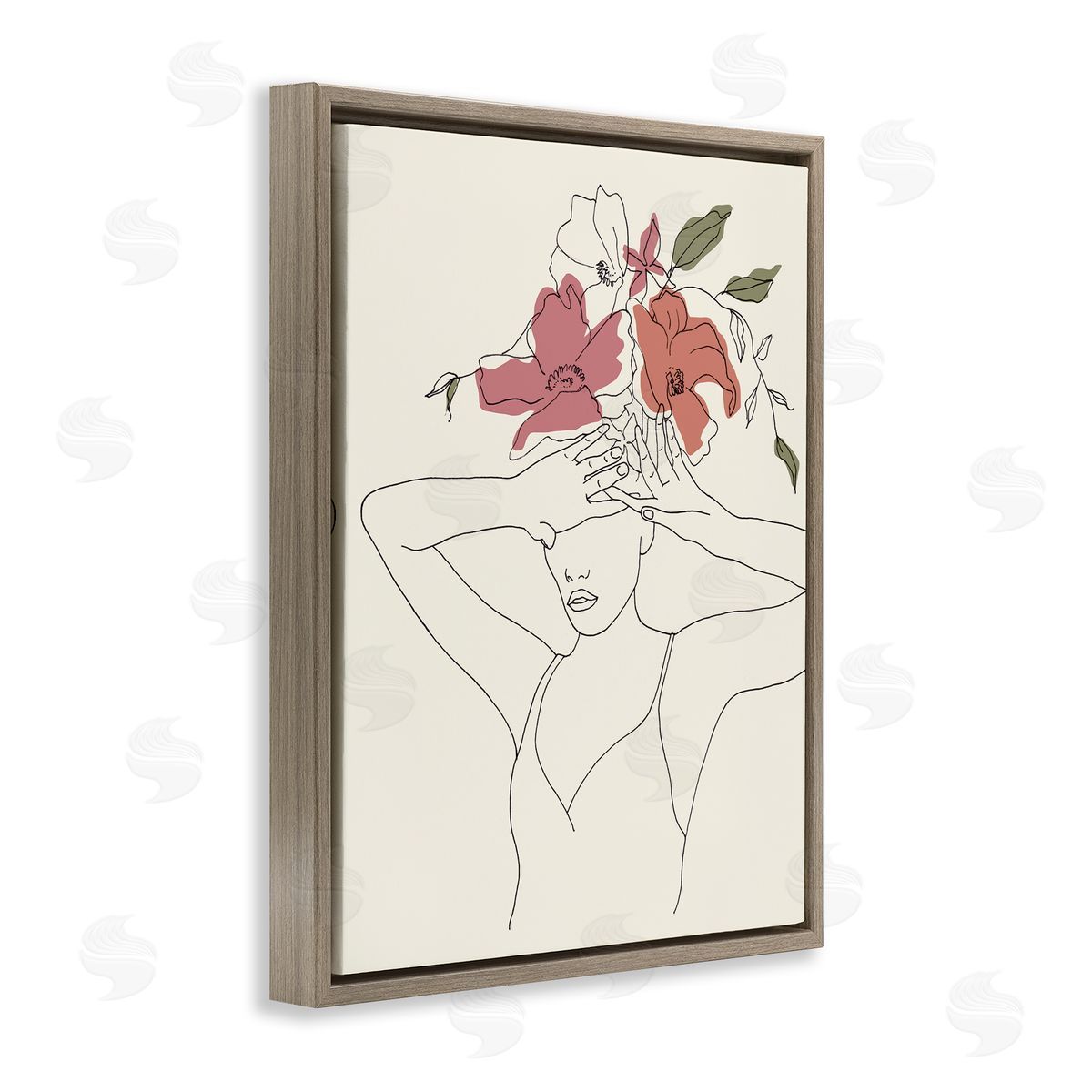 Melissa Wang Female Linework Tropical Flower Sketch Brown Floater Frame Canvas Art