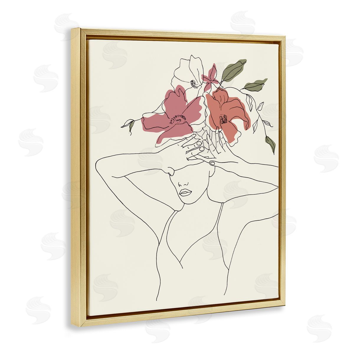 Melissa Wang Female Linework Tropical Flower Sketch Gold Floater Frame Canvas Art