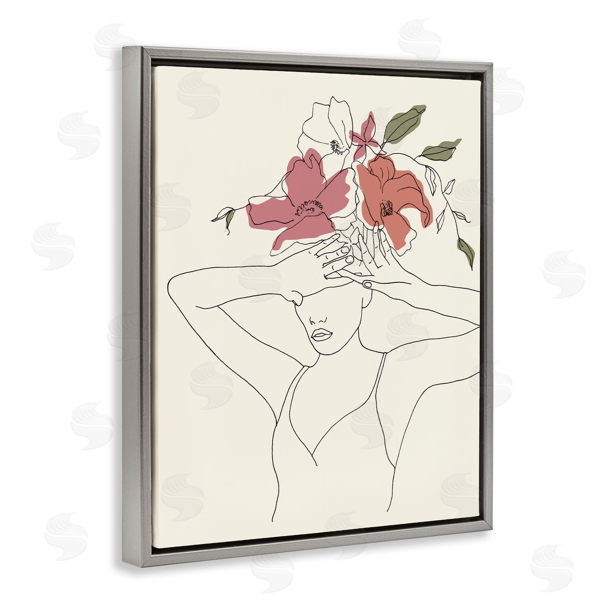 Melissa Wang Female Linework Tropical Flower Sketch Gray Floater Frame Canvas Art