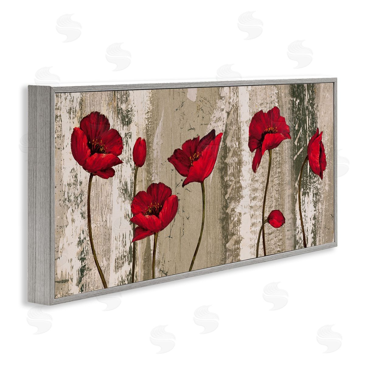 Red Poppies Rustic Pattern Grey Frame Print Wall Art, Home Decor by Brian Francis