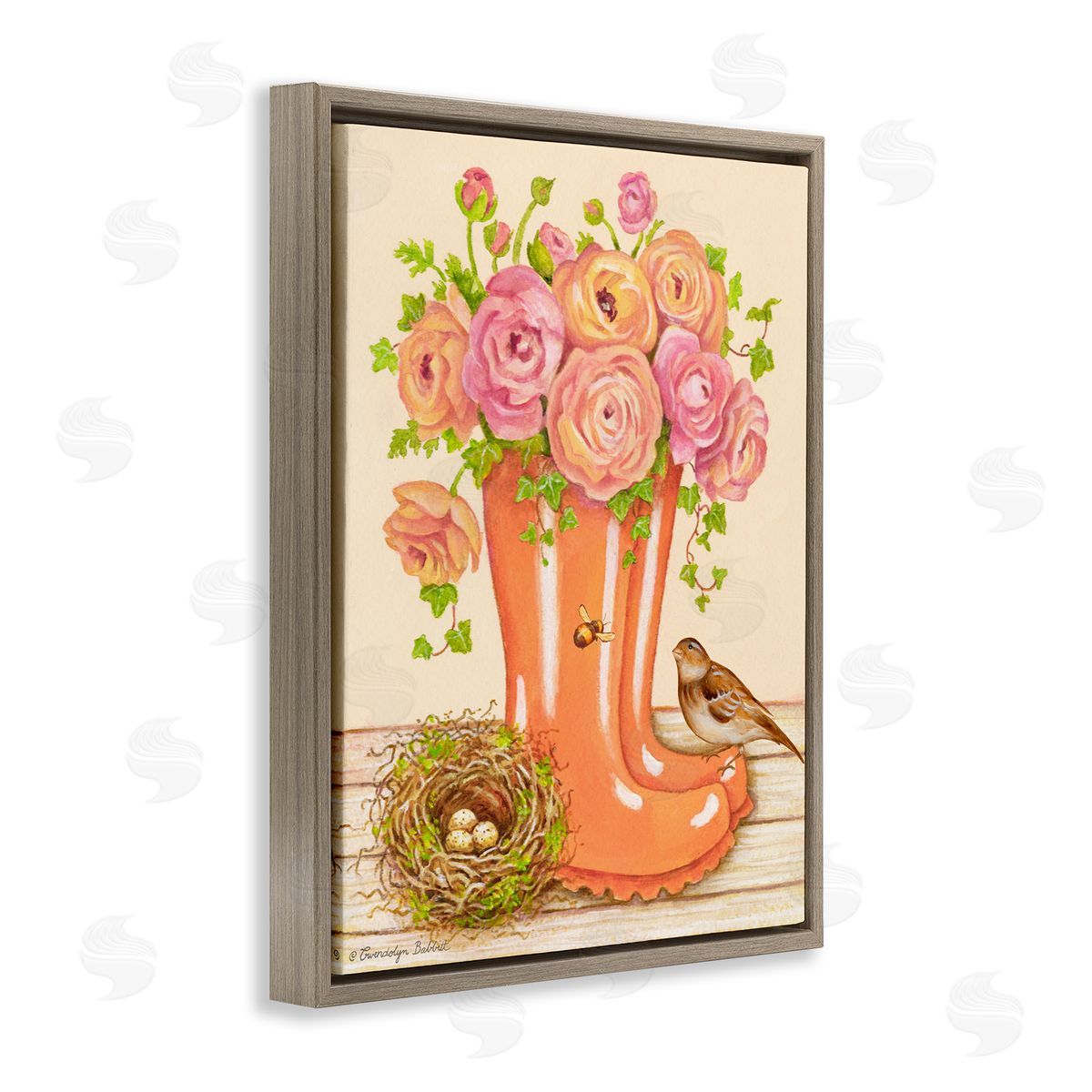 Gwendolyn Babbit Charming Orange Rainboots Rose Bouquet Brown Floater Frame Canvas Art