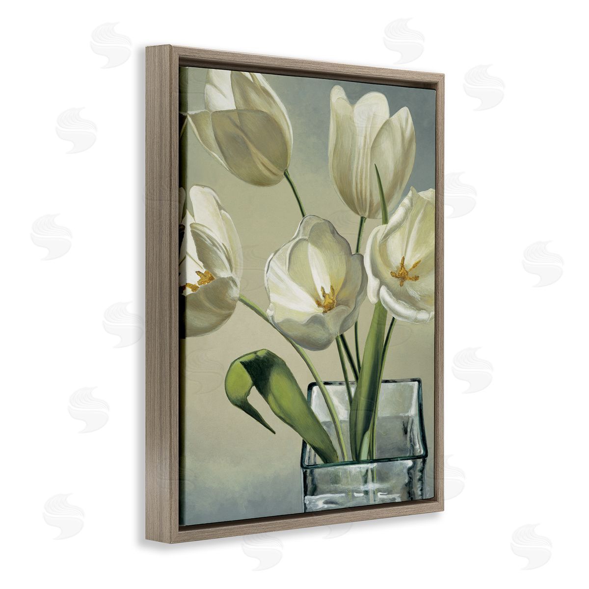 Eva Barberini Soft White Tulip Blossoms Brown Floater Frame Canvas Art