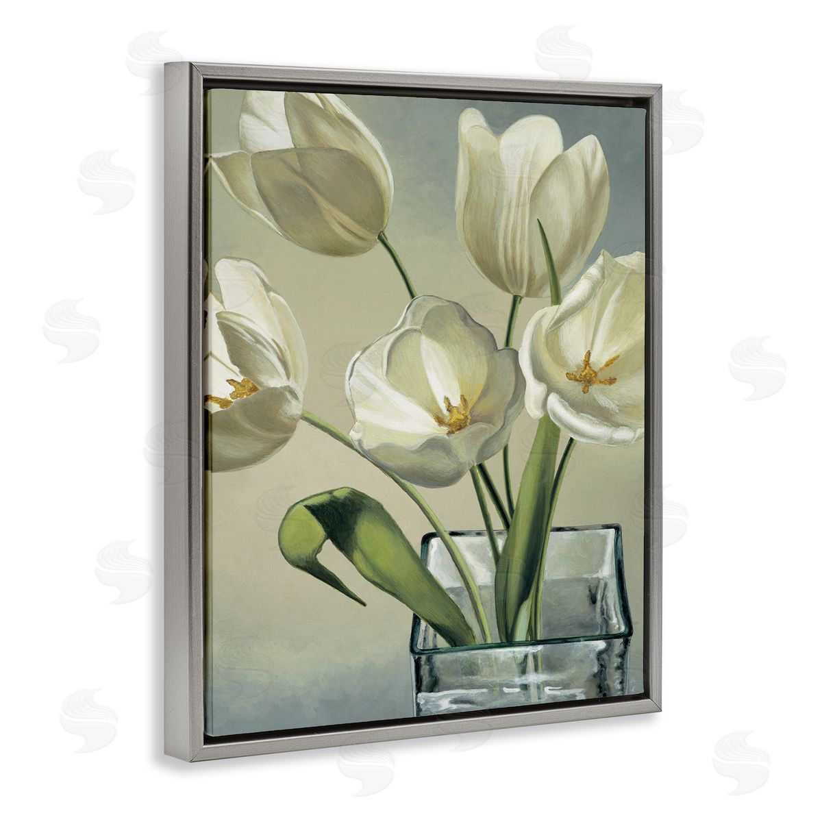 Eva Barberini Soft White Tulip Blossoms Gray Floater Frame Canvas Art