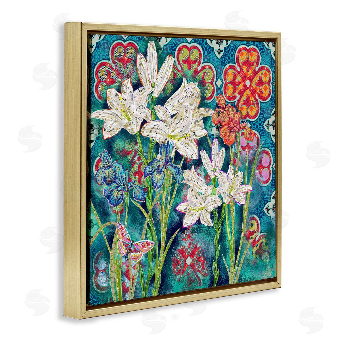 Sangita Bachelet Vibrant Lilies Butterfly Geometric Pattern Gold Floater Frame Canvas Art