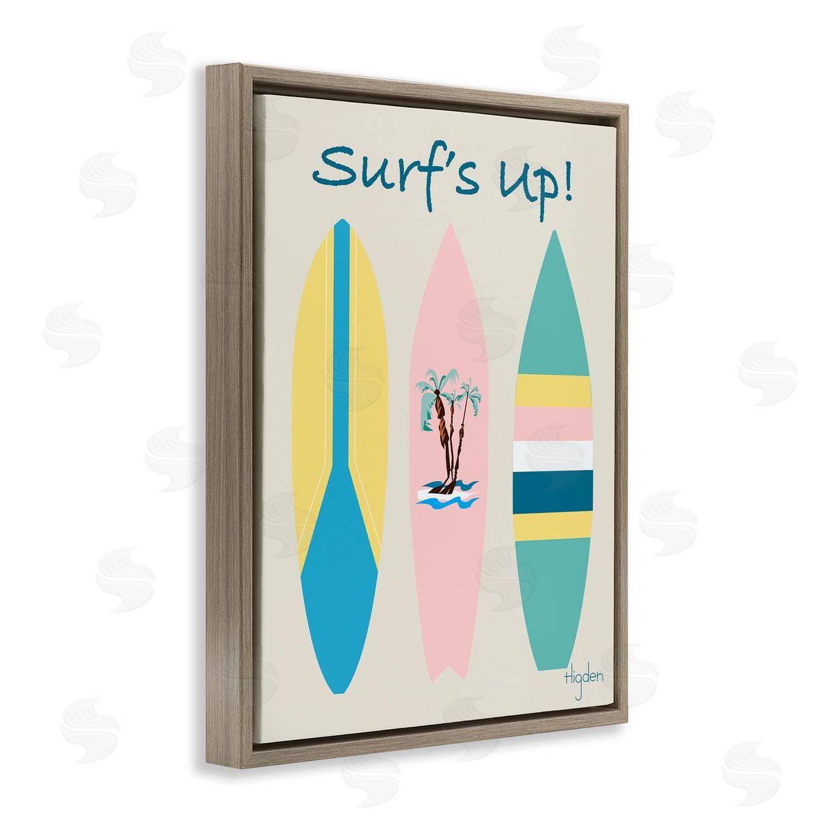 Mark Higden Surf's Up Pastel Surfboards Brown Floater Frame Canvas Art