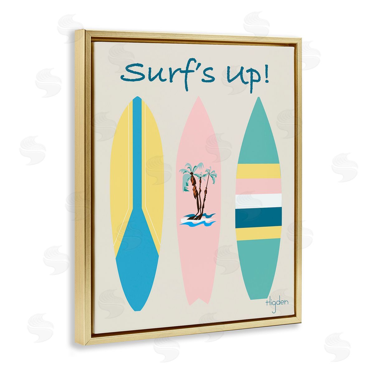 Mark Higden Surf's Up Pastel Surfboards Gold Floater Frame Canvas Art