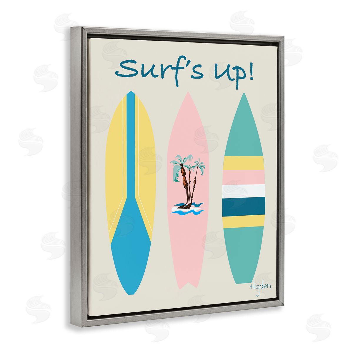 Mark Higden Surf's Up Pastel Surfboards Gray Floater Frame Canvas Art