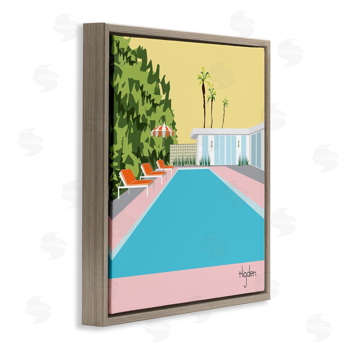 Mark Higden Tropical Poolside Yellow Palm Sky Brown Floater Frame Canvas Art
