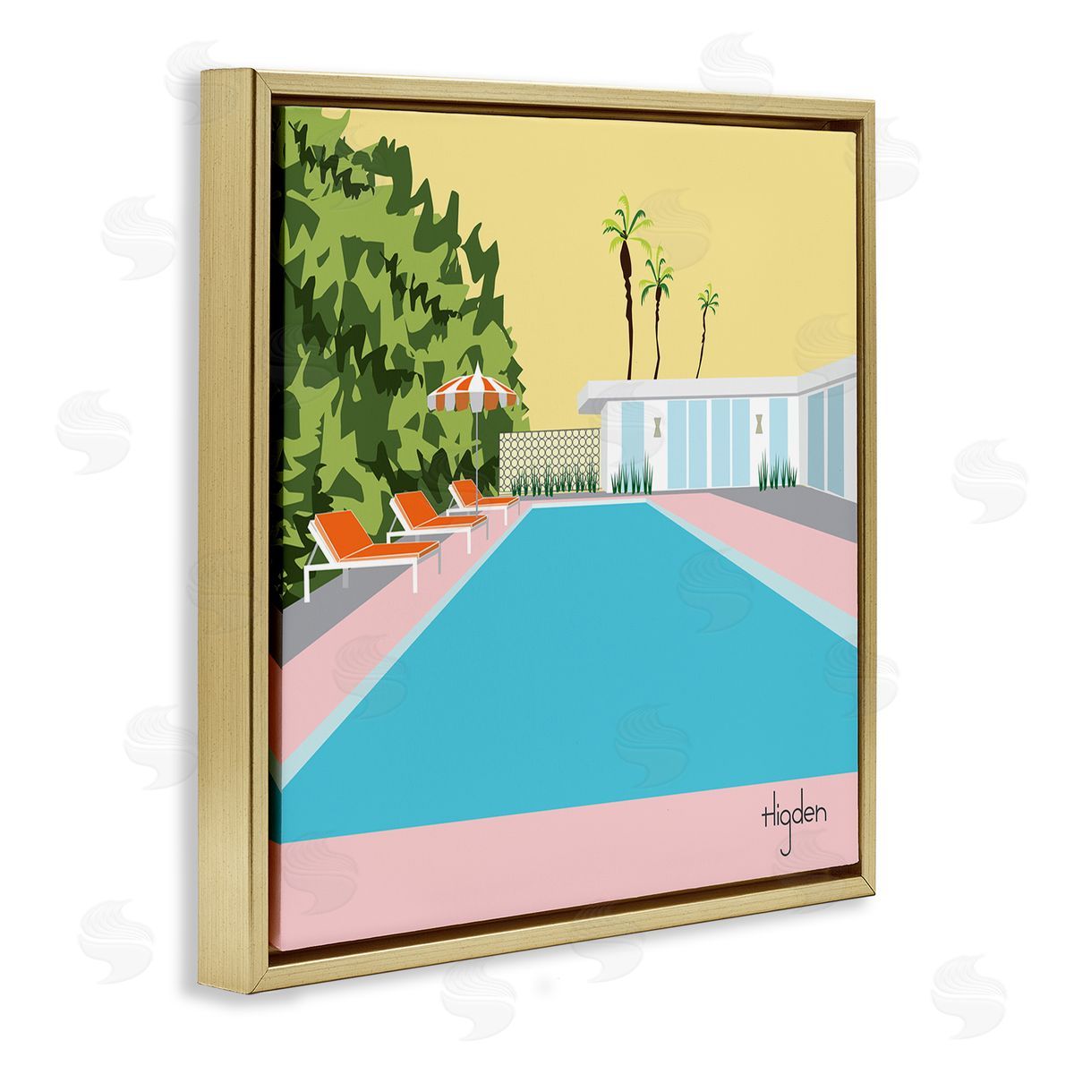 Mark Higden Tropical Poolside Yellow Palm Sky Gold Floater Frame Canvas Art