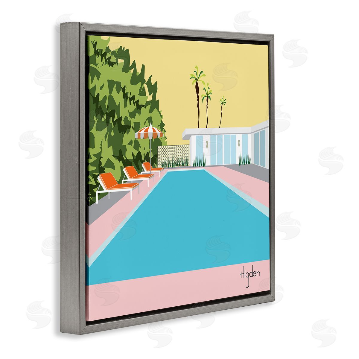 Mark Higden Tropical Poolside Yellow Palm Sky Gray Floater Frame Canvas Art