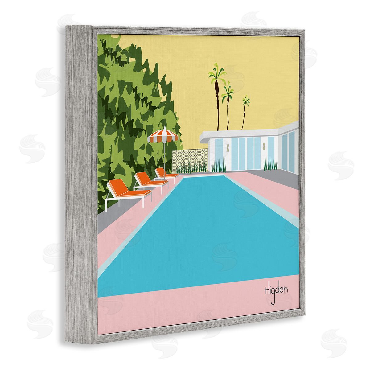 Mark Higden Tropical Poolside Yellow Palm Sky Gray Framed Giclee Wall Art