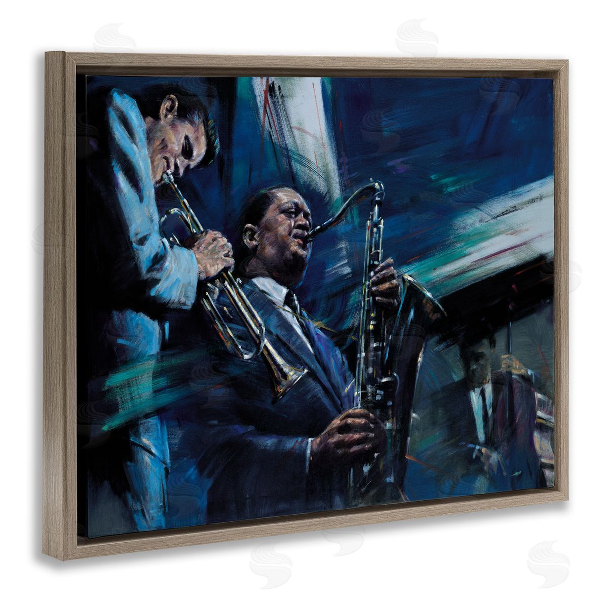 Jin G. Kam Abstract Instrumental Musicians Jazz Traditional Brown Floater Frame Canvas Art