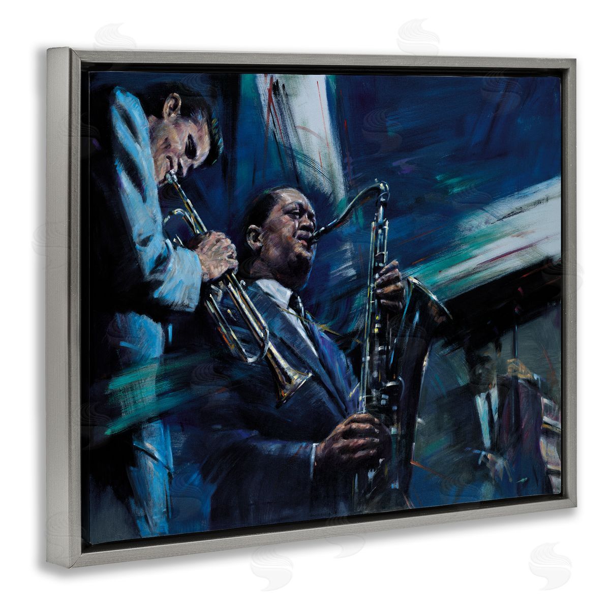 Jin G. Kam Abstract Instrumental Musicians Jazz Traditional Gray Floater Frame Canvas Art