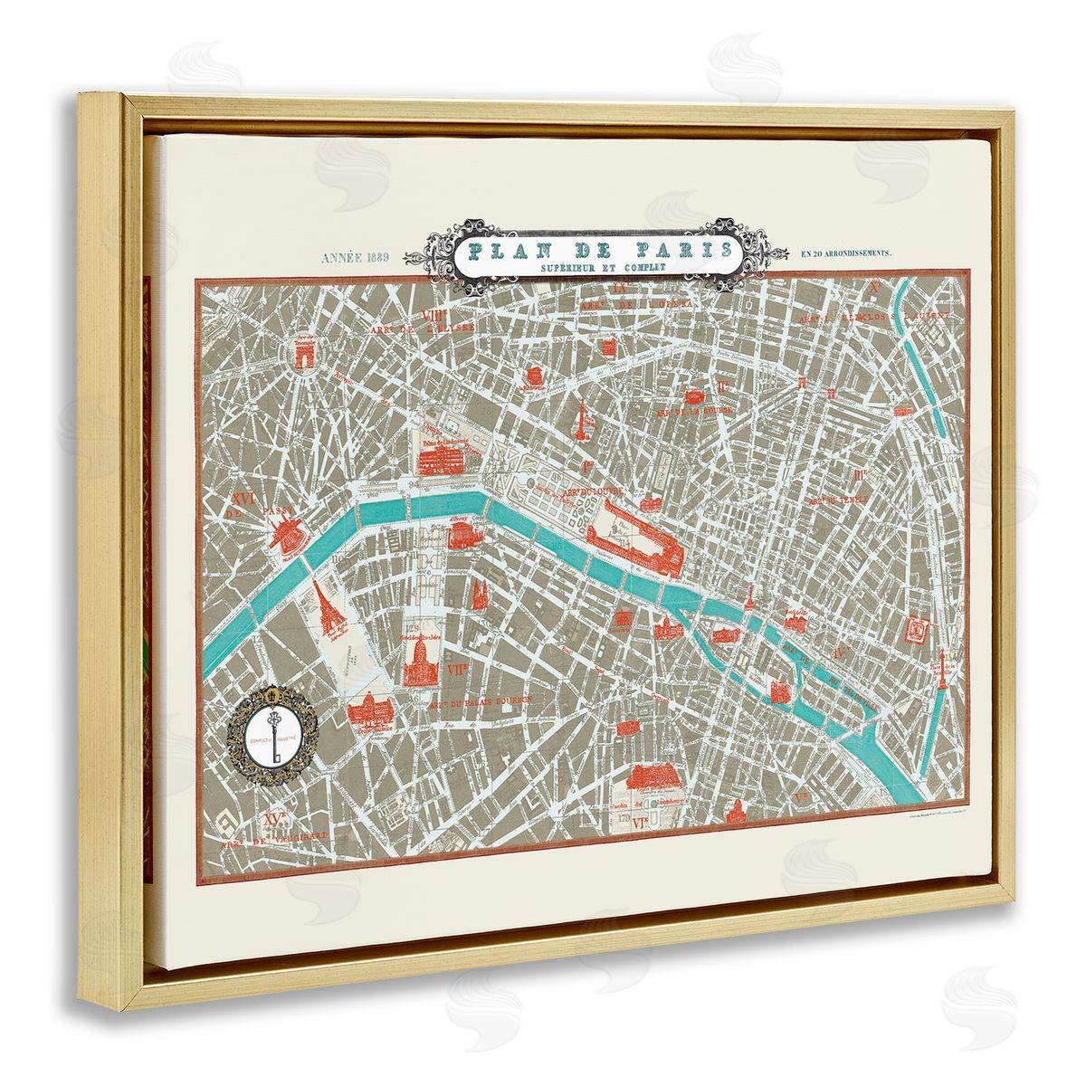 Sue Schlabach Vintage Parisian Map Seine River Gold Floater Frame Canvas Art