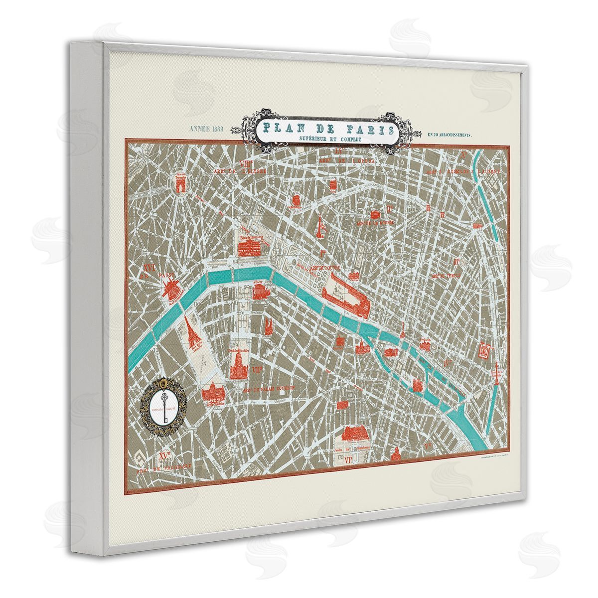 Sue Schlabach Vintage Parisian Map Seine River White Framed Giclee Wall Art