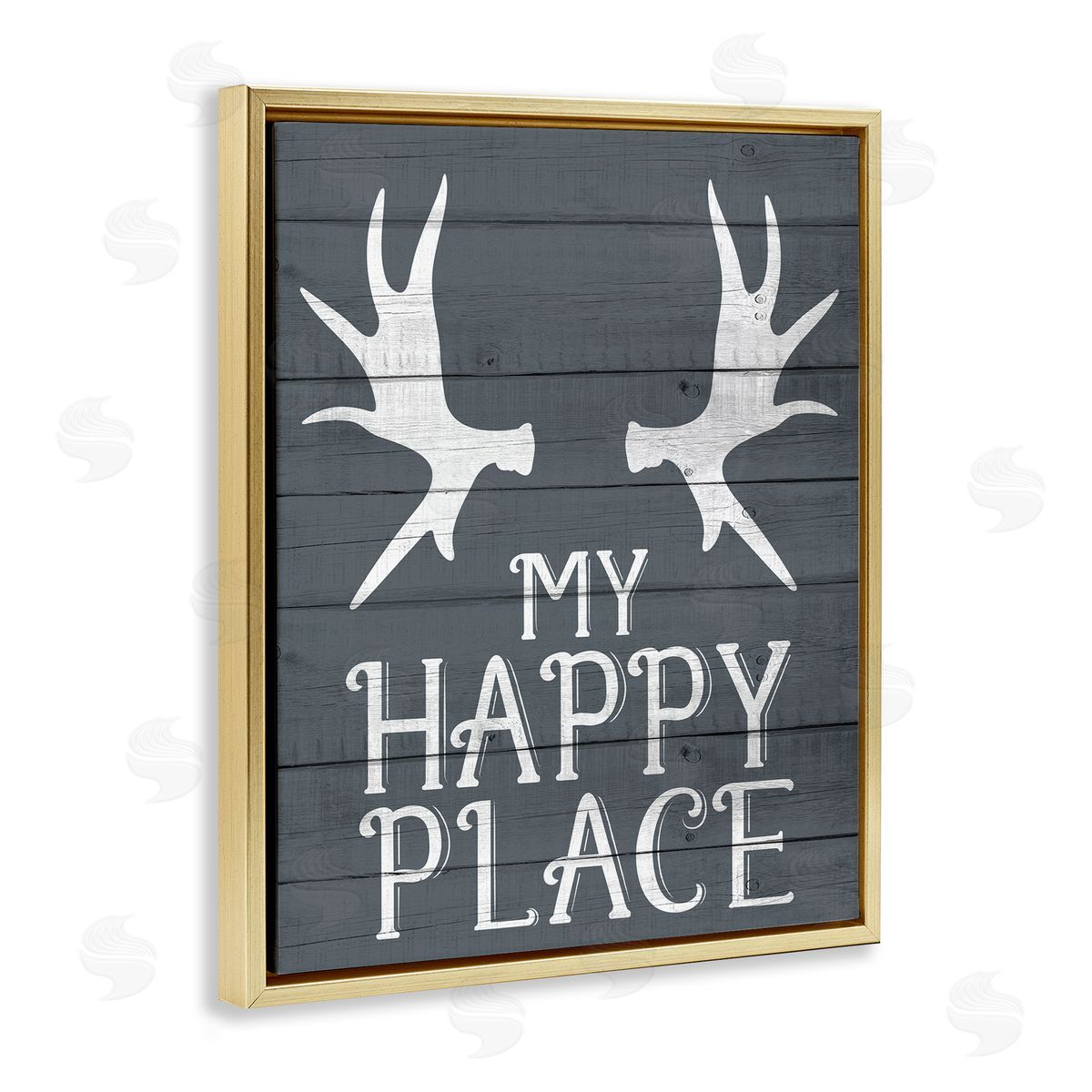 Kim Allen Rustic My Happy Place Antlers Gold Floater Frame Canvas Art