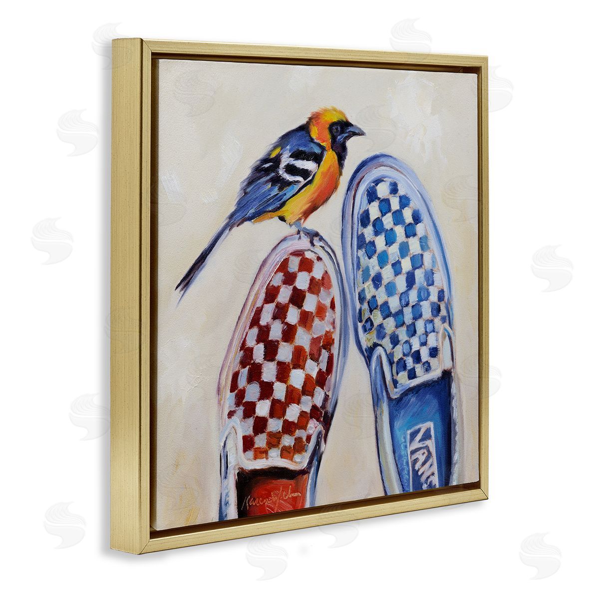 Karen Weber Fine Art Oriole Bird on Vintage Checkered Sneakers Gold Floater Frame Canvas Art