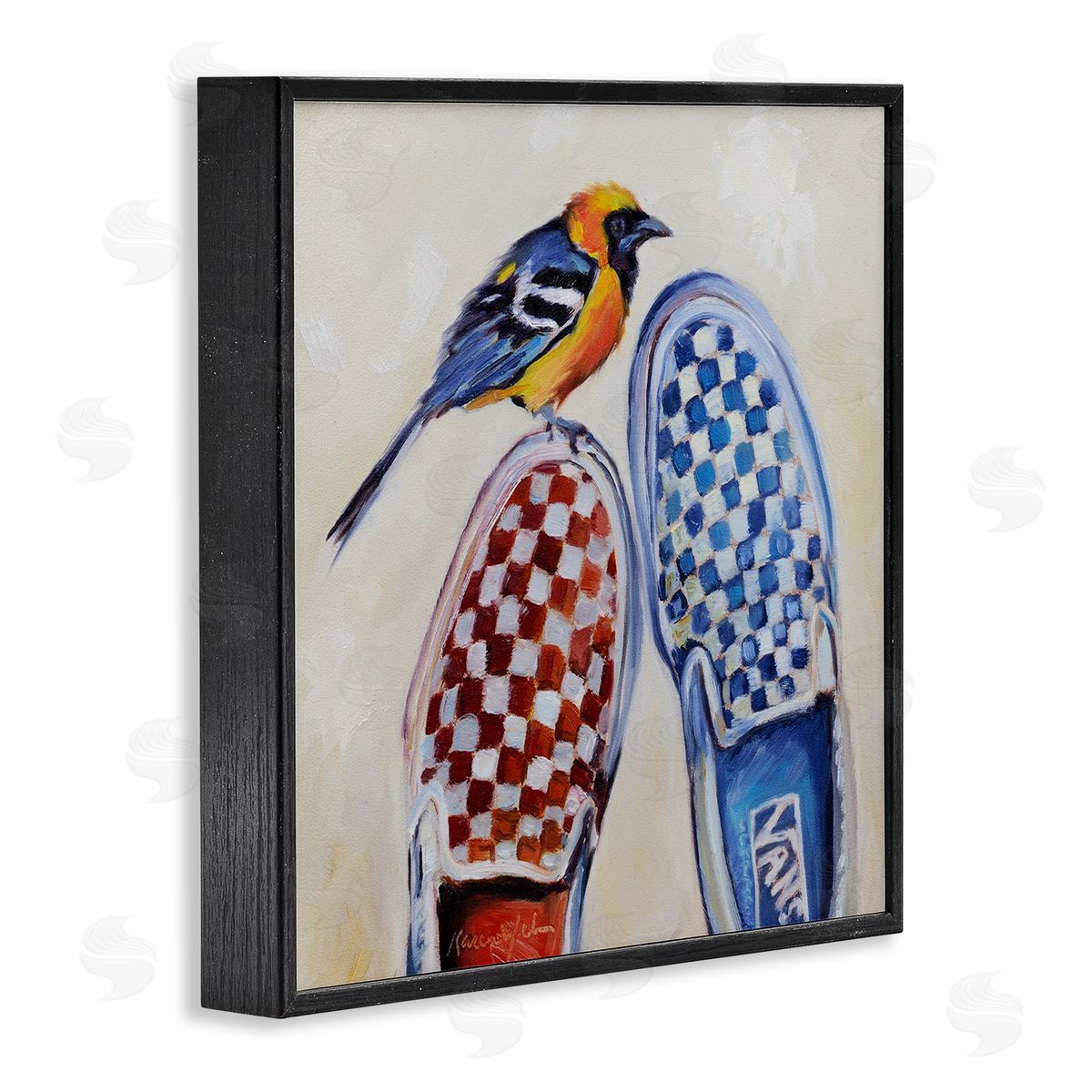 Karen Weber Fine Art Oriole Bird on Vintage Checkered Sneakers Black Framed Giclee Wall Art