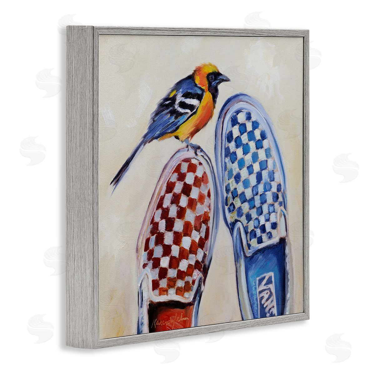 Karen Weber Fine Art Oriole Bird on Vintage Checkered Sneakers Gray Framed Giclee Wall Art