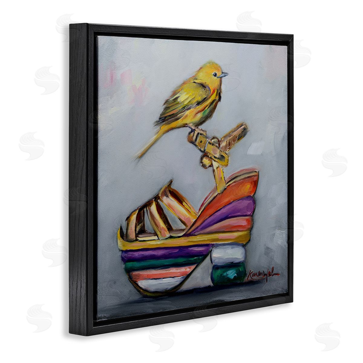Karen Weber Fine Art Multi-Color Shoe with Yellow Warbler Black Floater Frame Canvas Art