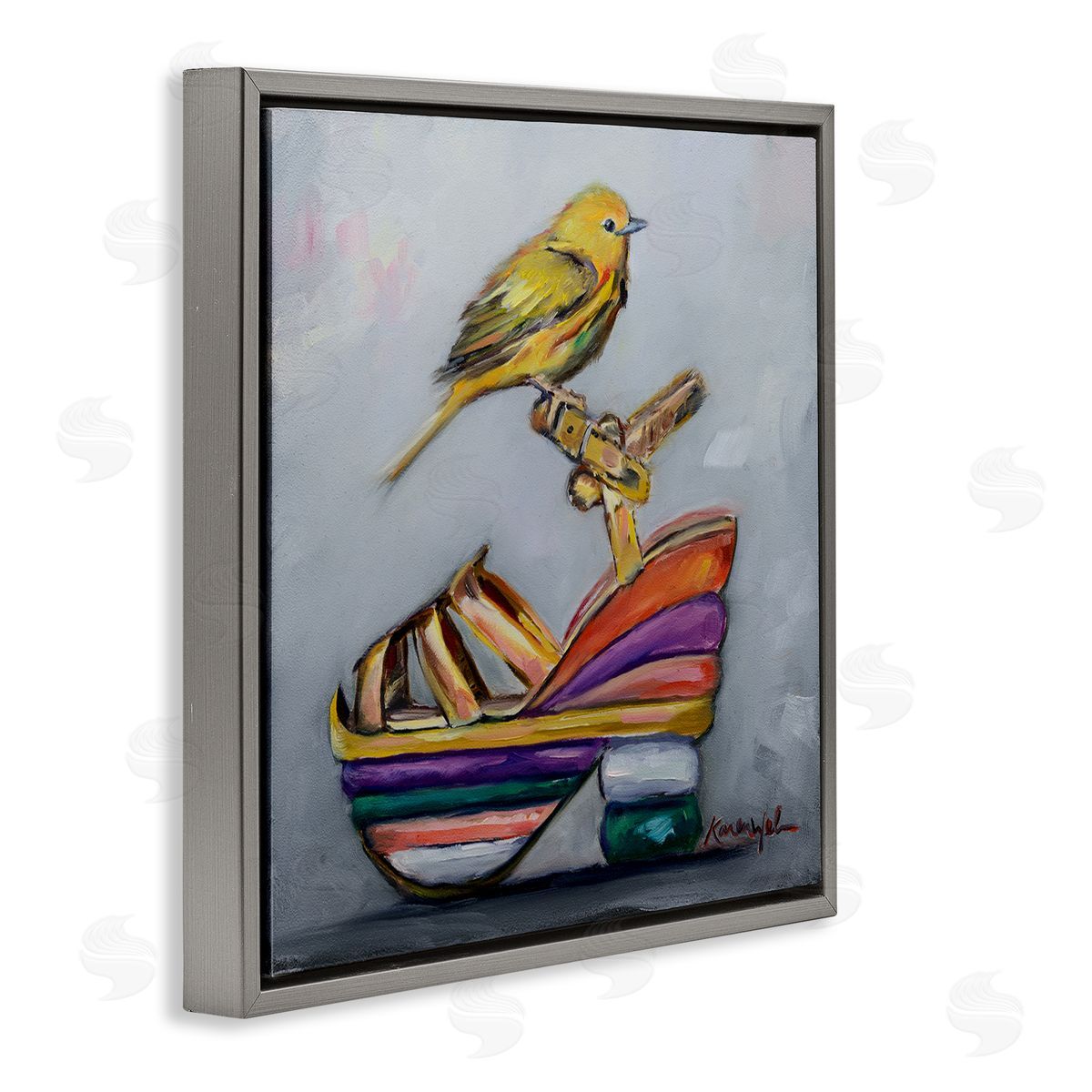 Karen Weber Fine Art Multi-Color Shoe with Yellow Warbler Gray Floater Frame Canvas Art
