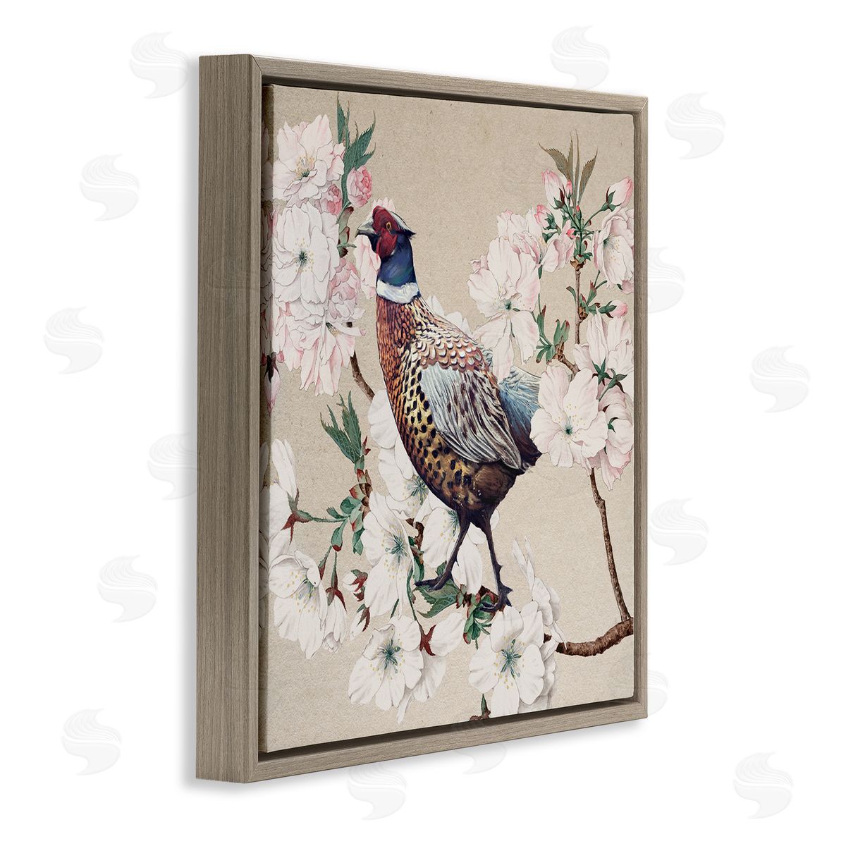 Ziwei Li Vintage Wild Turkey Pink Tree Blossoms  Brown Floater Frame Canvas Art