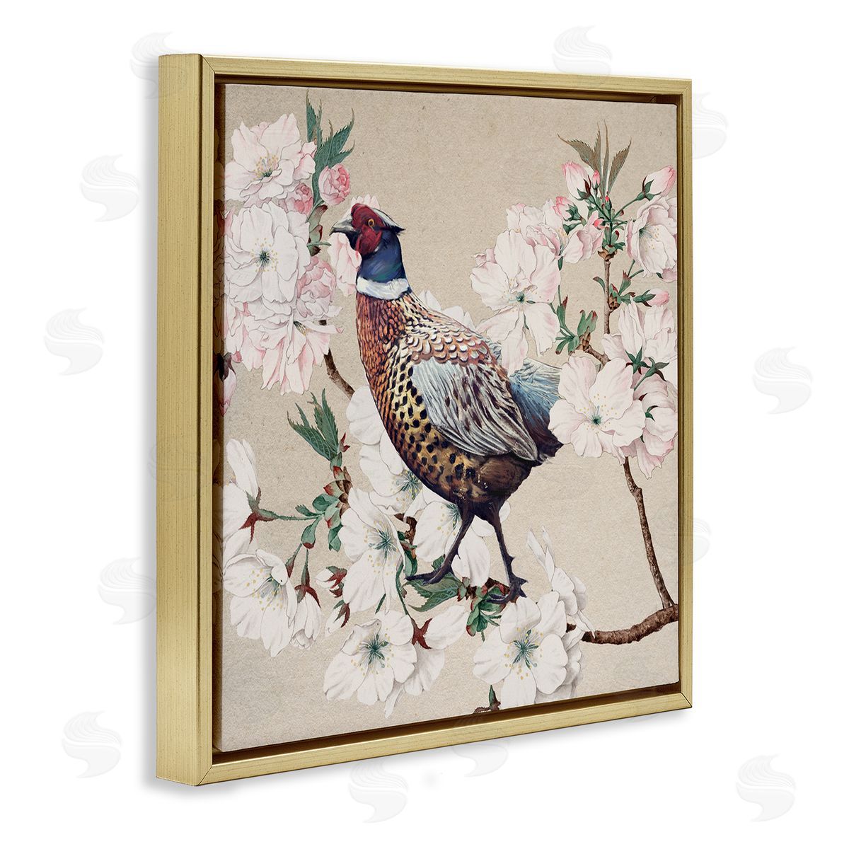 Ziwei Li Vintage Wild Turkey Pink Tree Blossoms  Gold Floater Frame Canvas Art