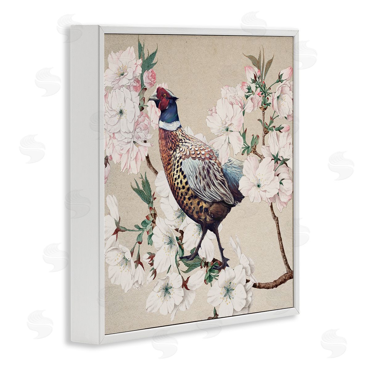 Ziwei Li Vintage Wild Turkey Pink Tree Blossoms  White Framed Giclee Wall Art