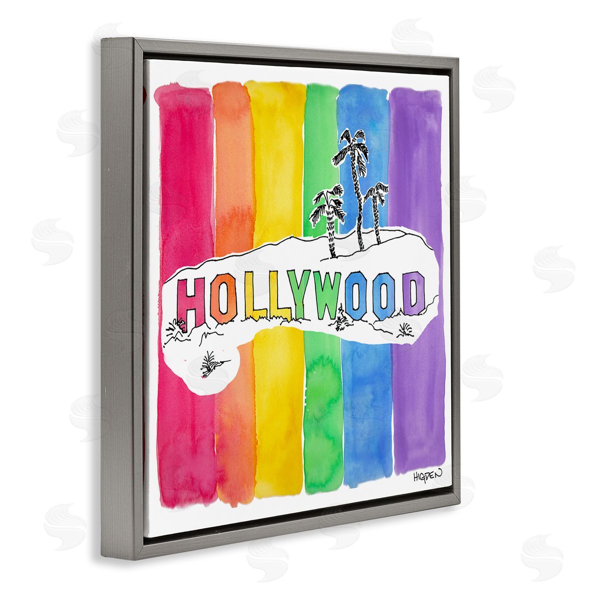 Mark Higden Vibrant Hollywood Hills Watercolor Rainbow Gray Floater Frame Canvas Art