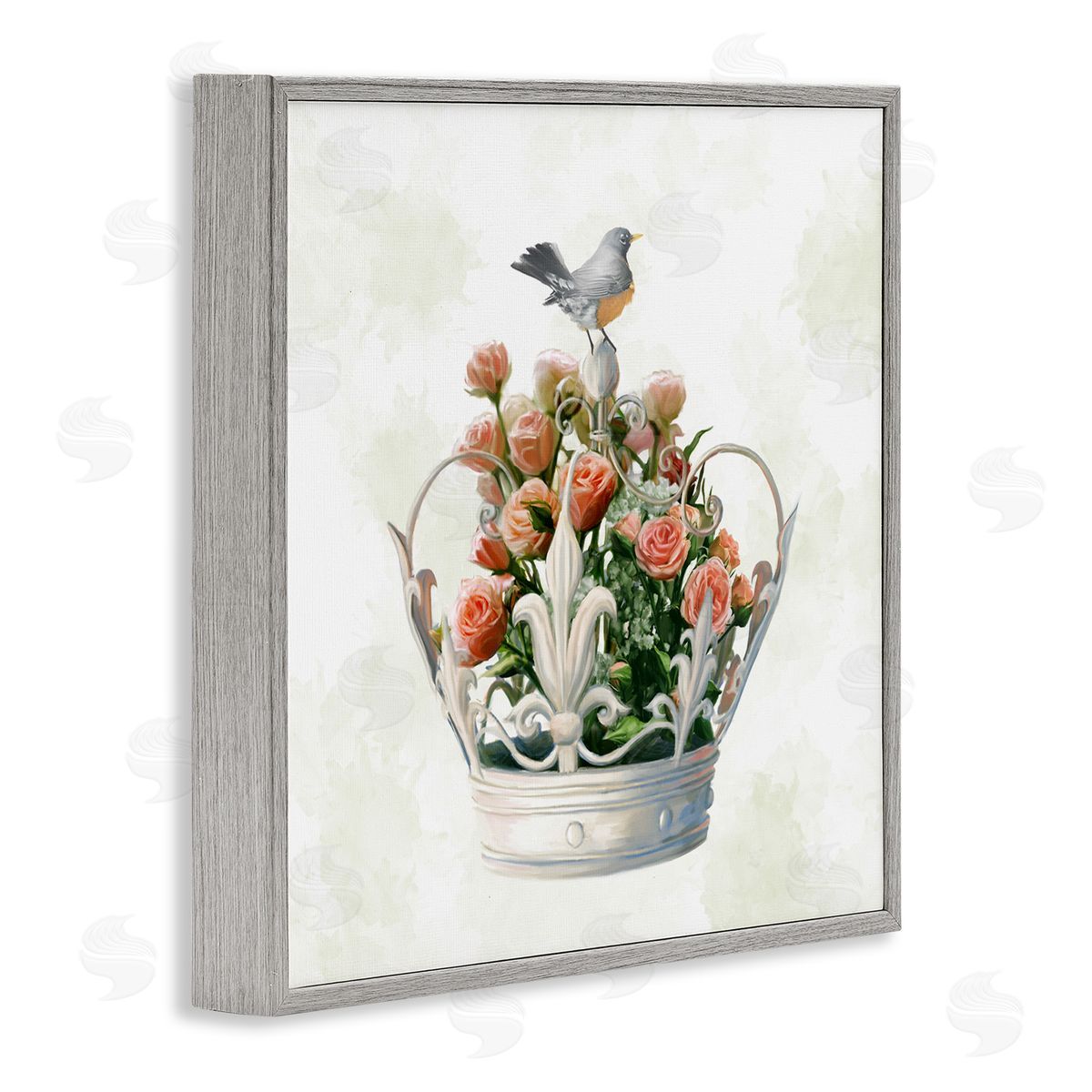 Ziwei Li Bird Perched on Crown Rose Bouquet Gray Framed Giclee Wall Art