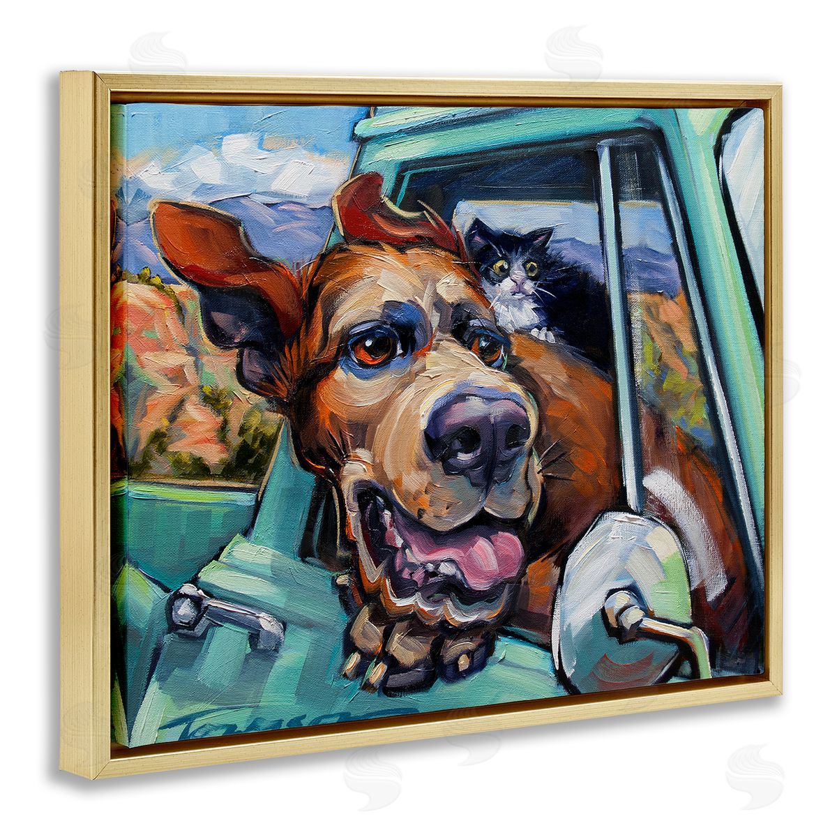 CR Townsend Cat and Dog in Truck Window Gold Floater Frame Canvas Art