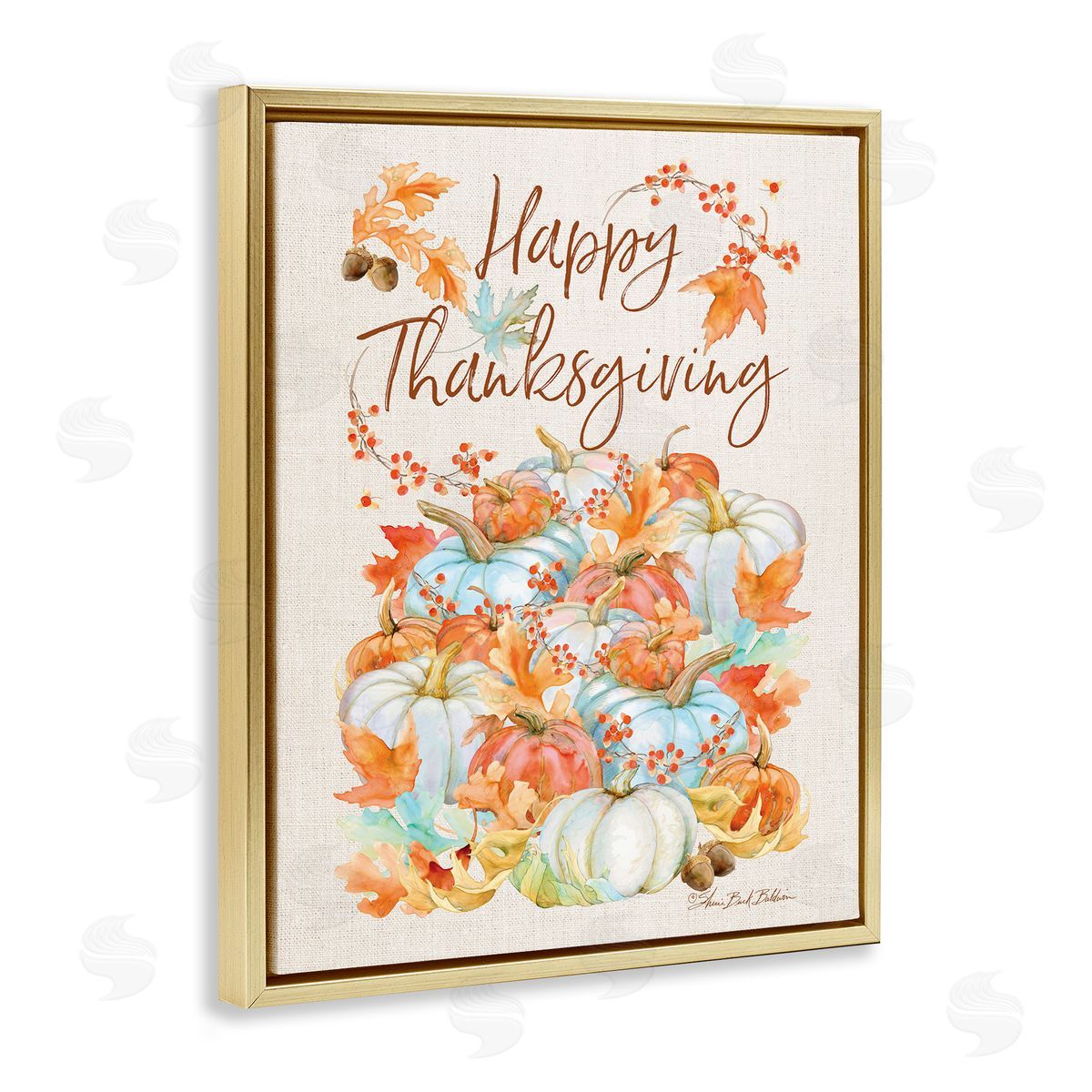 Sherri Buck Baldwin Happy Thanksgiving White Autumn Pumpkins Gold Floater Frame Canvas Art