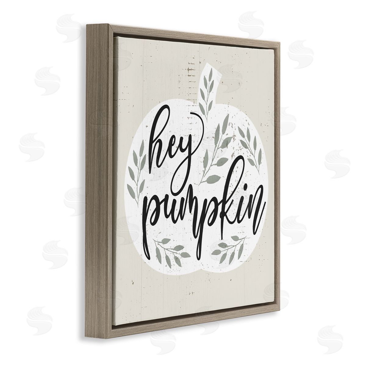 Stupell Studio Hey Pumpkin Green Foliage Brown Floater Frame Canvas Art