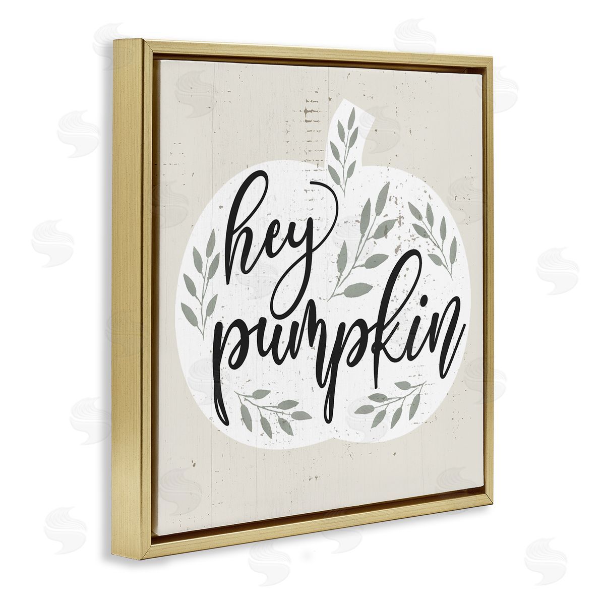 Stupell Studio Hey Pumpkin Green Foliage Gold Floater Frame Canvas Art