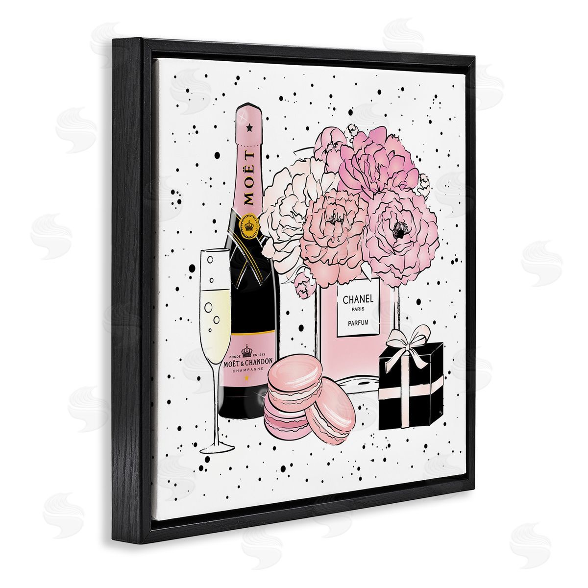 Pink Glam Celebration Champagne Black Floating Frame Canvas Wall Art, Home Decor by Martina Pavlova