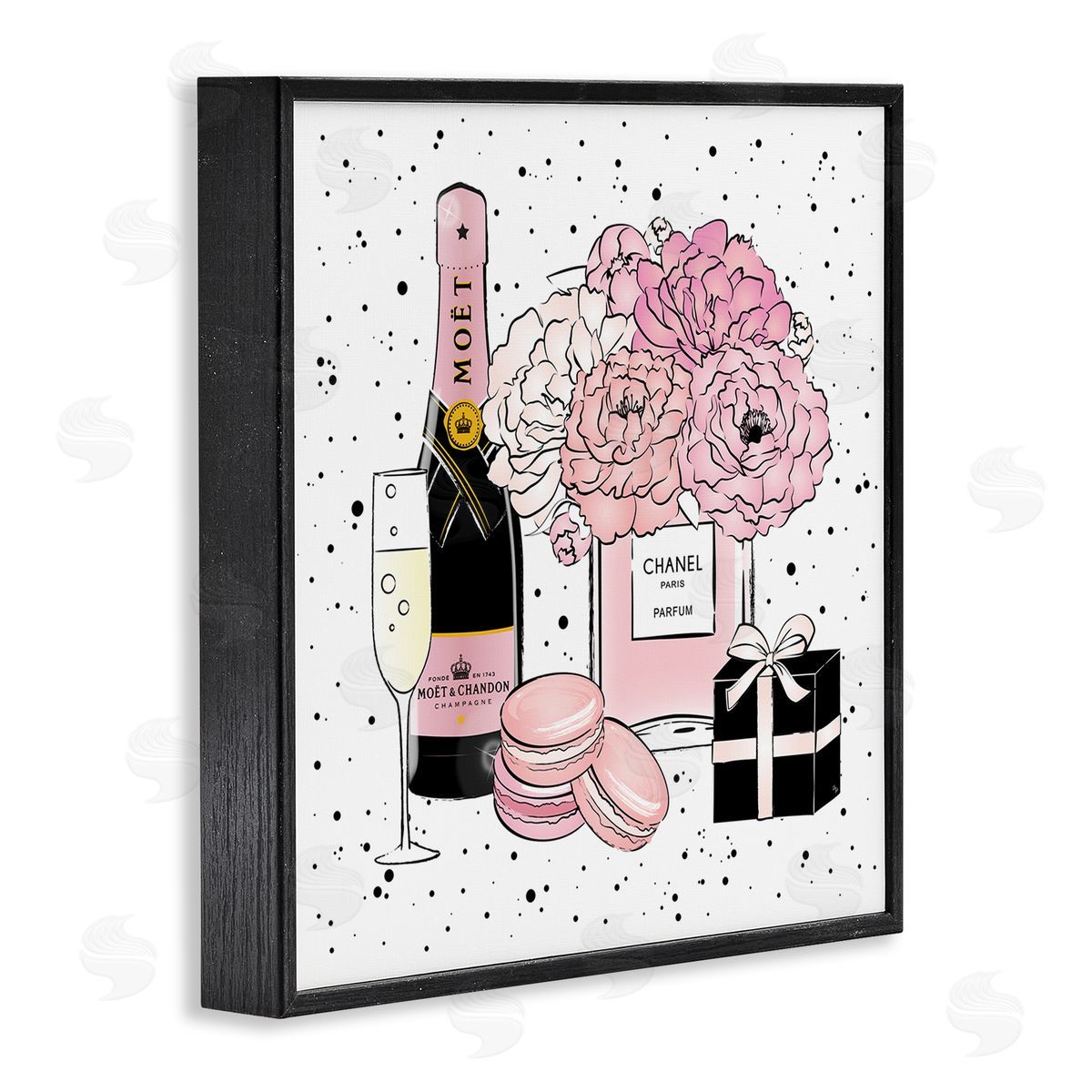 Pink Glam Celebration Champagne Black Frame Print Wall Art, Home Decor by Martina Pavlova