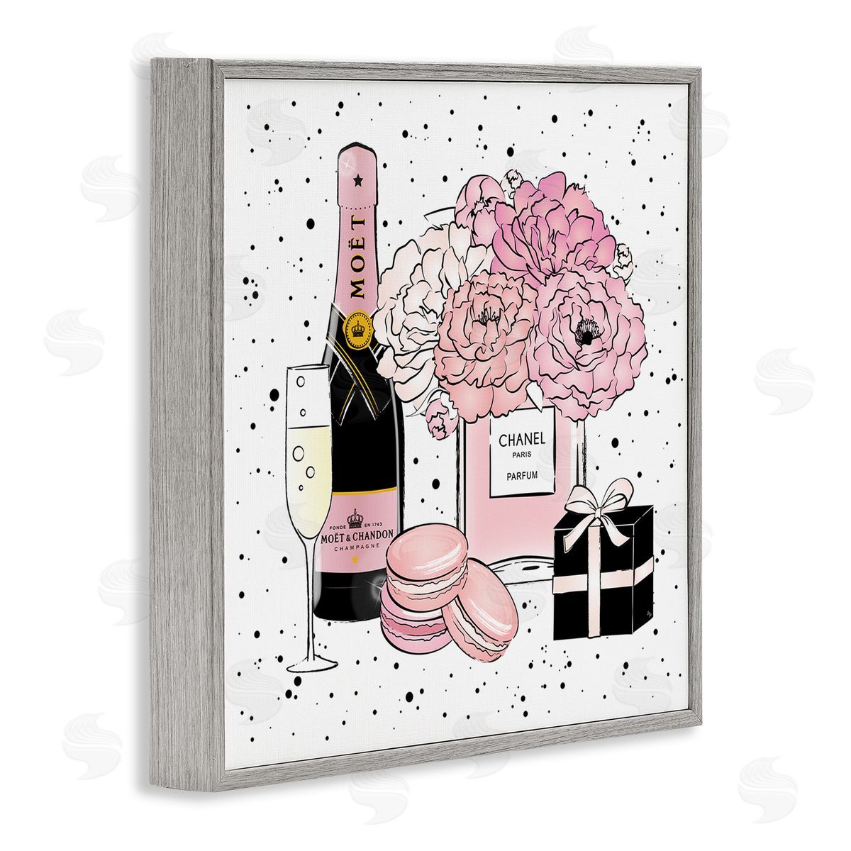 Pink Glam Celebration Champagne Grey Frame Print Wall Art, Home Decor by Martina Pavlova