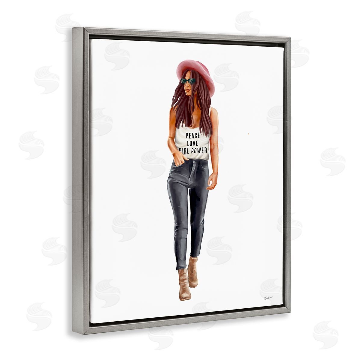 Ziwei Li Girl Power Fashionista Standing Pose Gray Floater Frame Canvas Art
