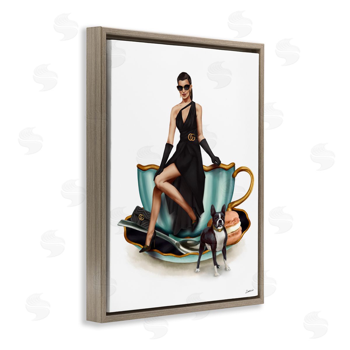 Ziwei Li Elegant Fashion Female Tea Cup Brown Floater Frame Canvas Art