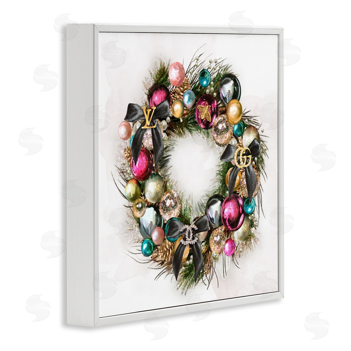 Ziwei Li Winter Holiday Wreath Glam Accents White Framed Giclee Wall Art