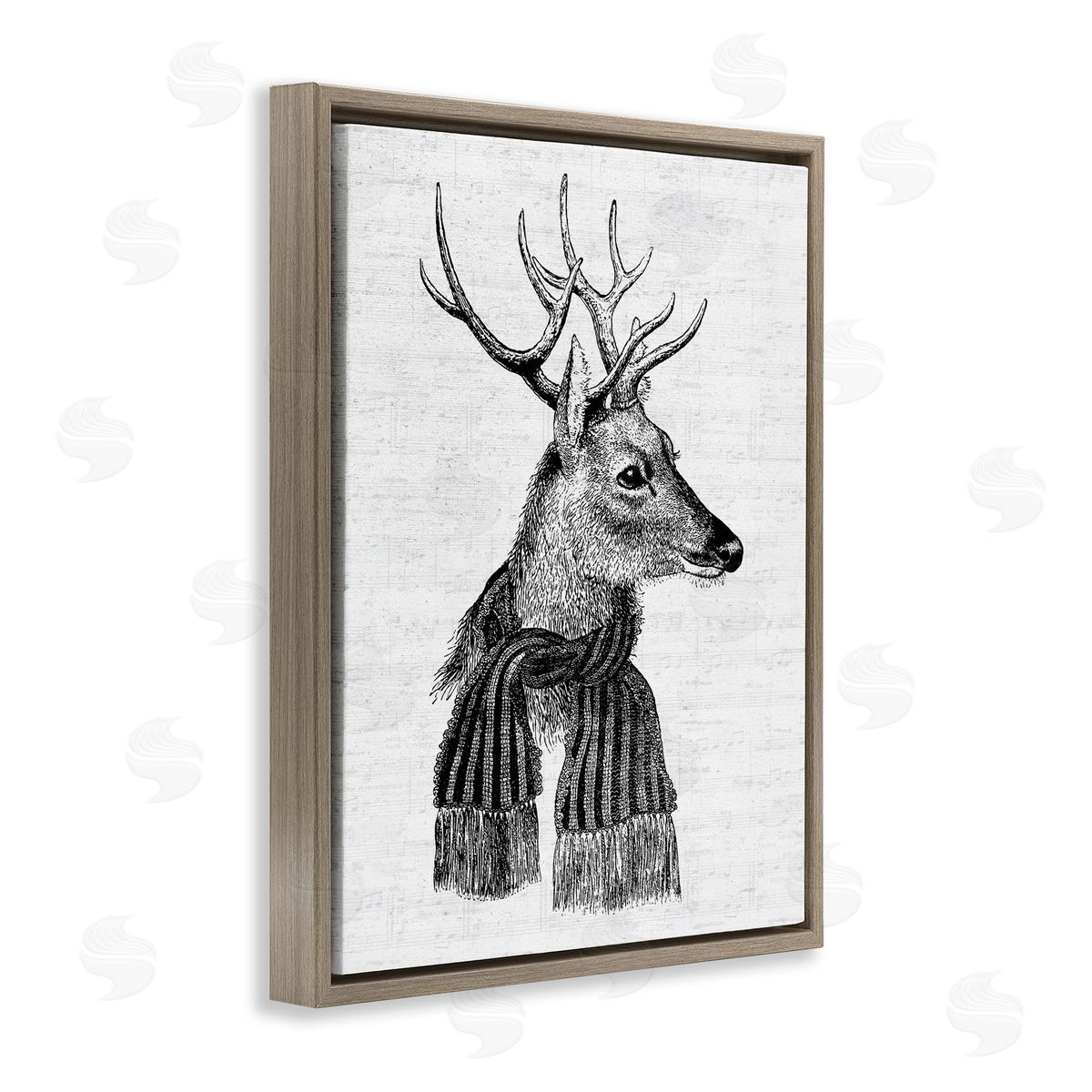 Lettered and Lined Reindeer in Scarf Vintage Portrait Brown Floater Frame Canvas Art