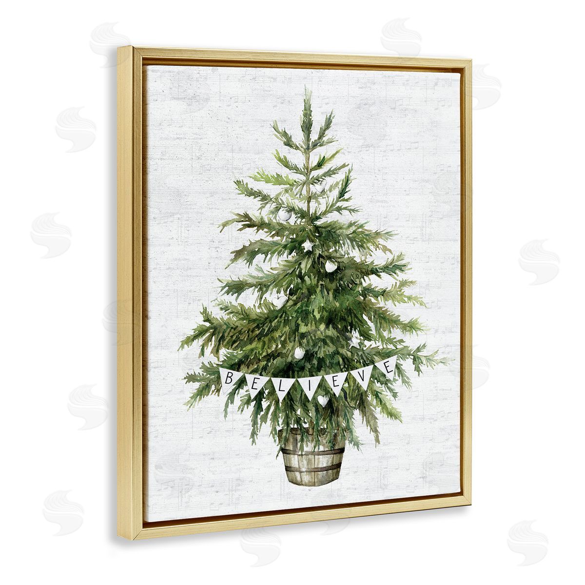 Lettered and Lined Holiday Green Fir Tree Gold Floater Frame Canvas Art