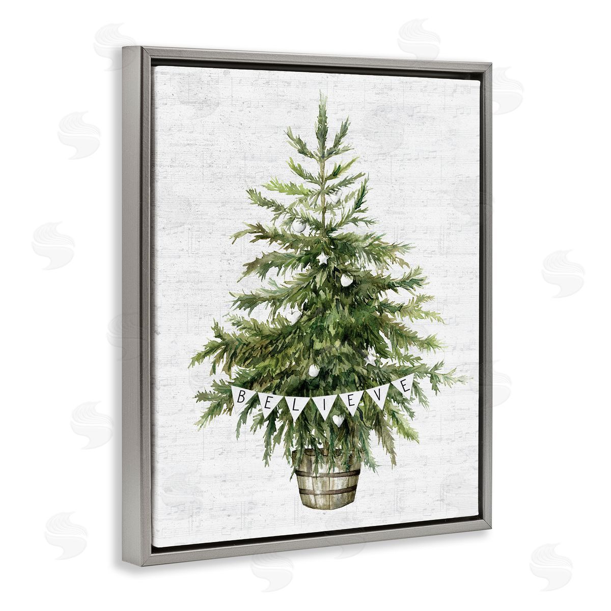 Lettered and Lined Holiday Green Fir Tree Gray Floater Frame Canvas Art