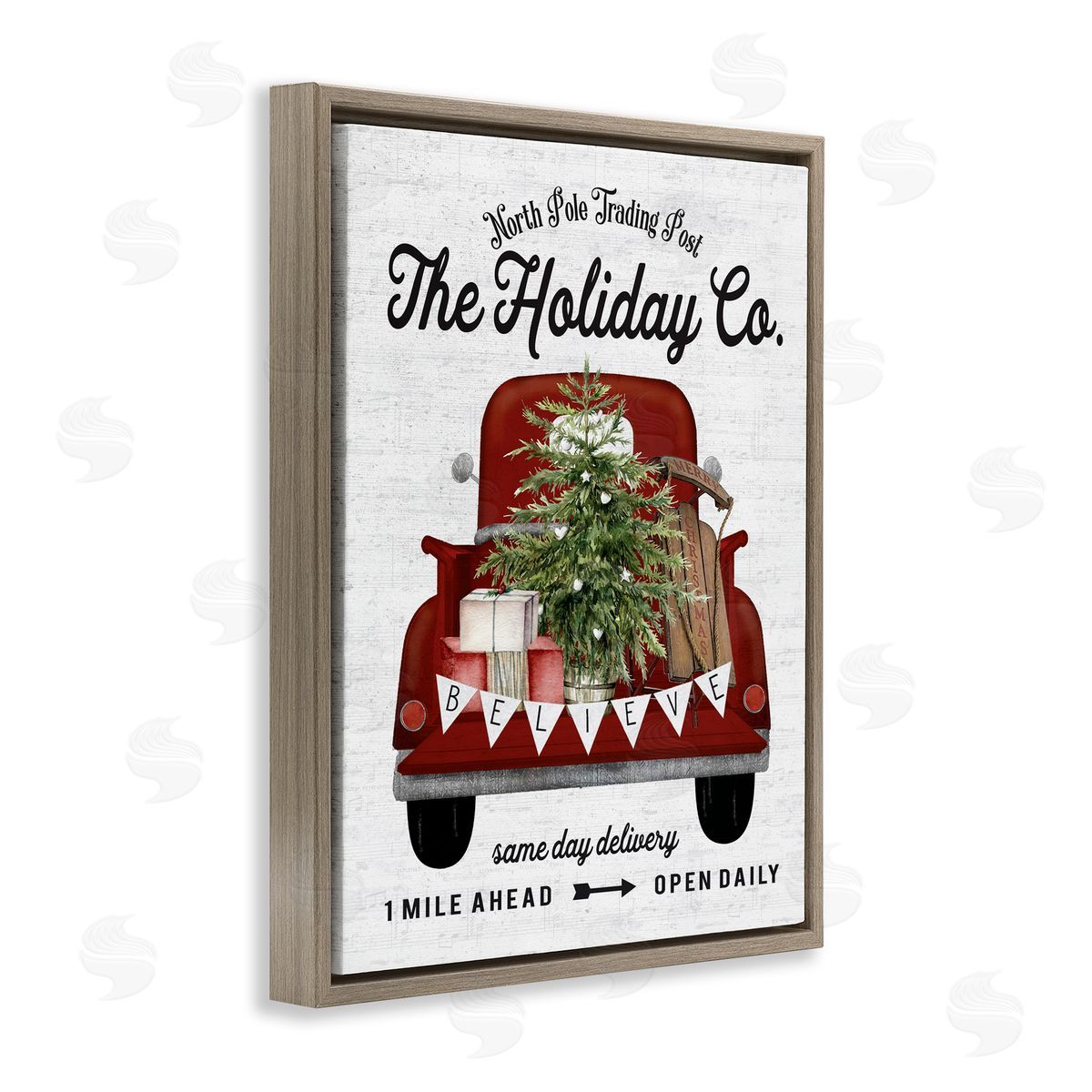 Lettered and Lined Red Holiday Truck Fir Tree Brown Floater Frame Canvas Art