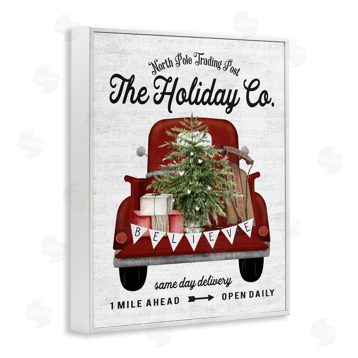 Lettered and Lined Red Holiday Truck Fir Tree White Framed Giclee Wall Art